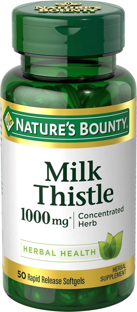 Thistle de lait de la nature 1000mg, supplément santé à base de plantes, supplément quotidien, sans gluten, softgels à libération rapide, 50 Ct