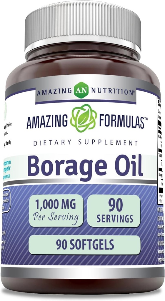 Formules étonnantes Supplément d'huile de borage $ 2000 Mg par service $ Softgels $ Non-GMO $ Sans gluten $ Fabriqué aux États-Unis (1 Pack, 90 Compte)