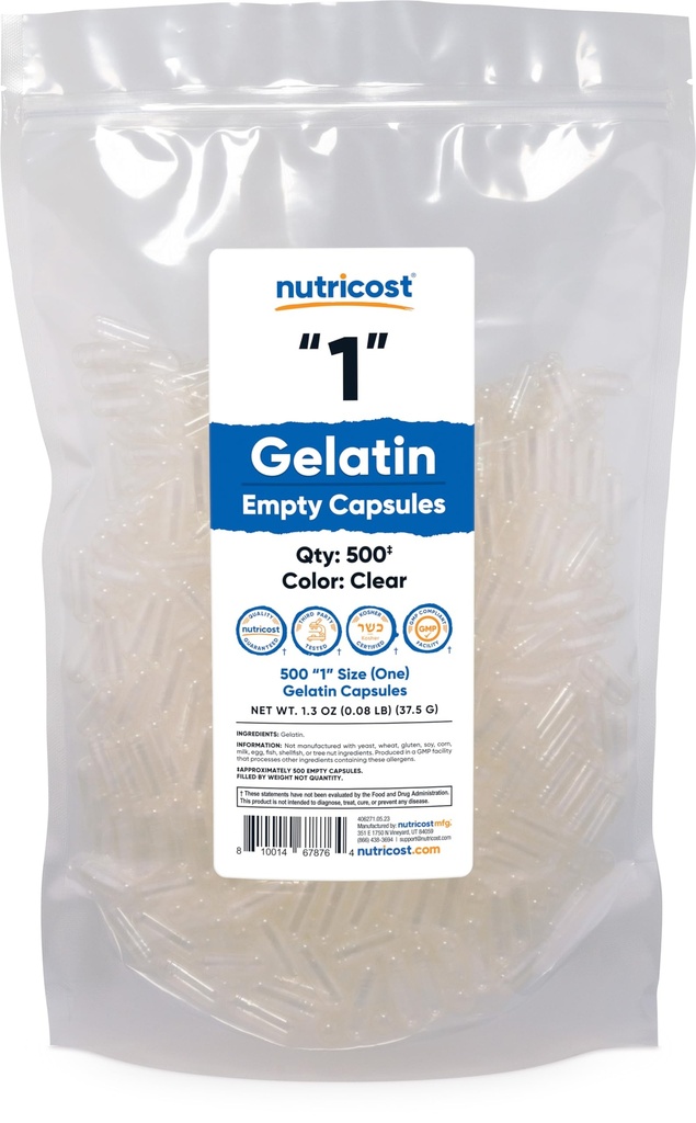 Nutricost Empty Capsules Gelatin Size 1-500 Clear Empty '1' Gel Capsules - Kosher, Non-GMO, Soy Free, Gluten Free