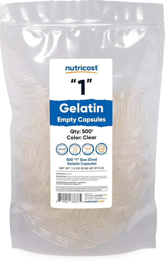 Nutricost Empty Capsules Gelatin Size 1-500 Clear Empty '1' Gel Capsules - Kosher, Non-GMO, Soy Free, Gluten Free