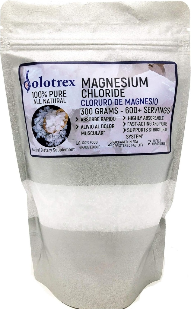 Cloruro de Magnesio 100% Pure Magnesium Chlorure Nourriture Grade 300 Grams Magnésium comestible Très Absorbable pour une utilisation quotidienne comme supplément ou huile de magnésium jusqu'à 600 portions 10.58 Oz