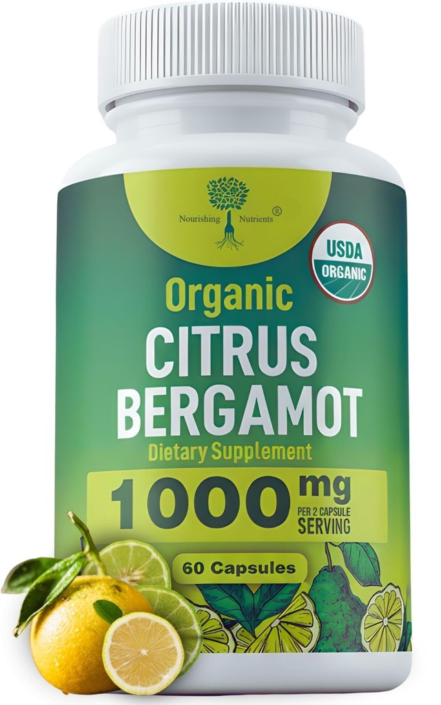 Supplément agrumes bio Bergamote - seulement USDA, cardiologue formulé avec 200+ études scientifiques -1000mg - Extrait breveté, coeur, cholestérol, et lipide - Bergamote italien haute polyphénols 60caps