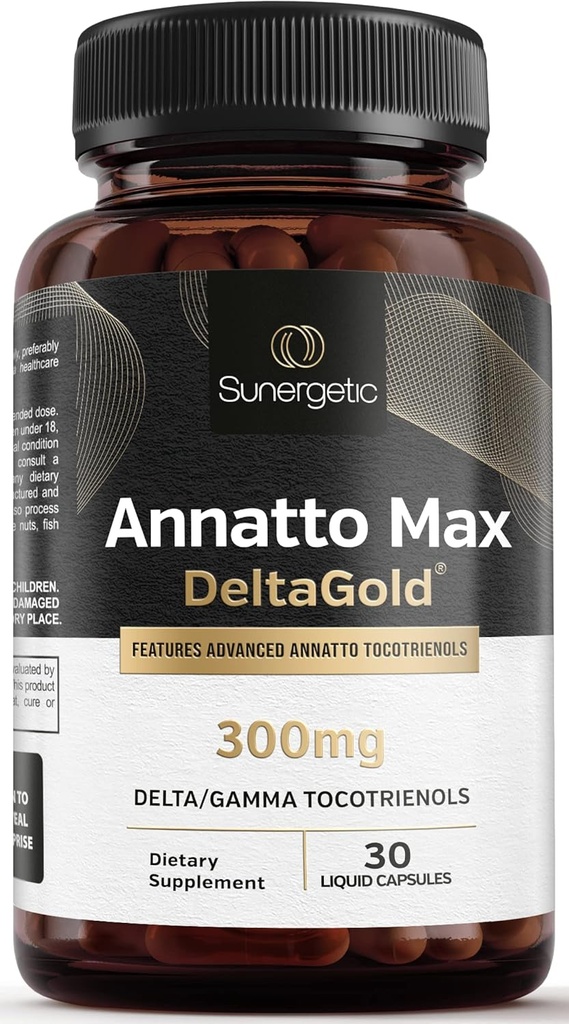 Supplément tocotriénol Sunergetic Premium Annatto – avec DeltaGold – tocotriénols vitamine E 300 mg – soutient la santé du foie, de l'immunité et du coeur - Delta + Gamma tocotriénols (30 capsules liquides)