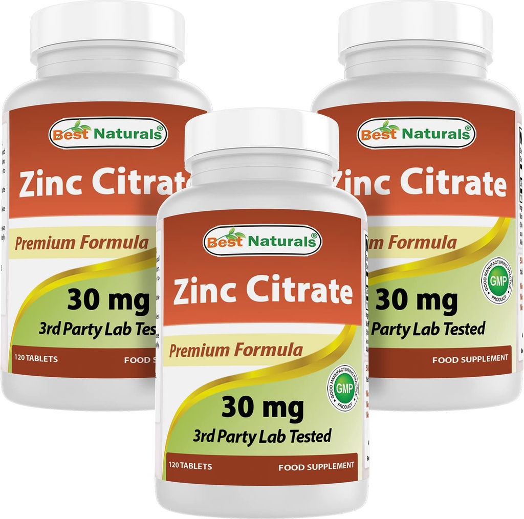 Meilleurs suppléments naturels de zinc 30mg (sous forme de citrate de zinc) - zinc Vitamines pour adultes Imune Support - 120 comprimés (120 Nombre (paquet de 3))