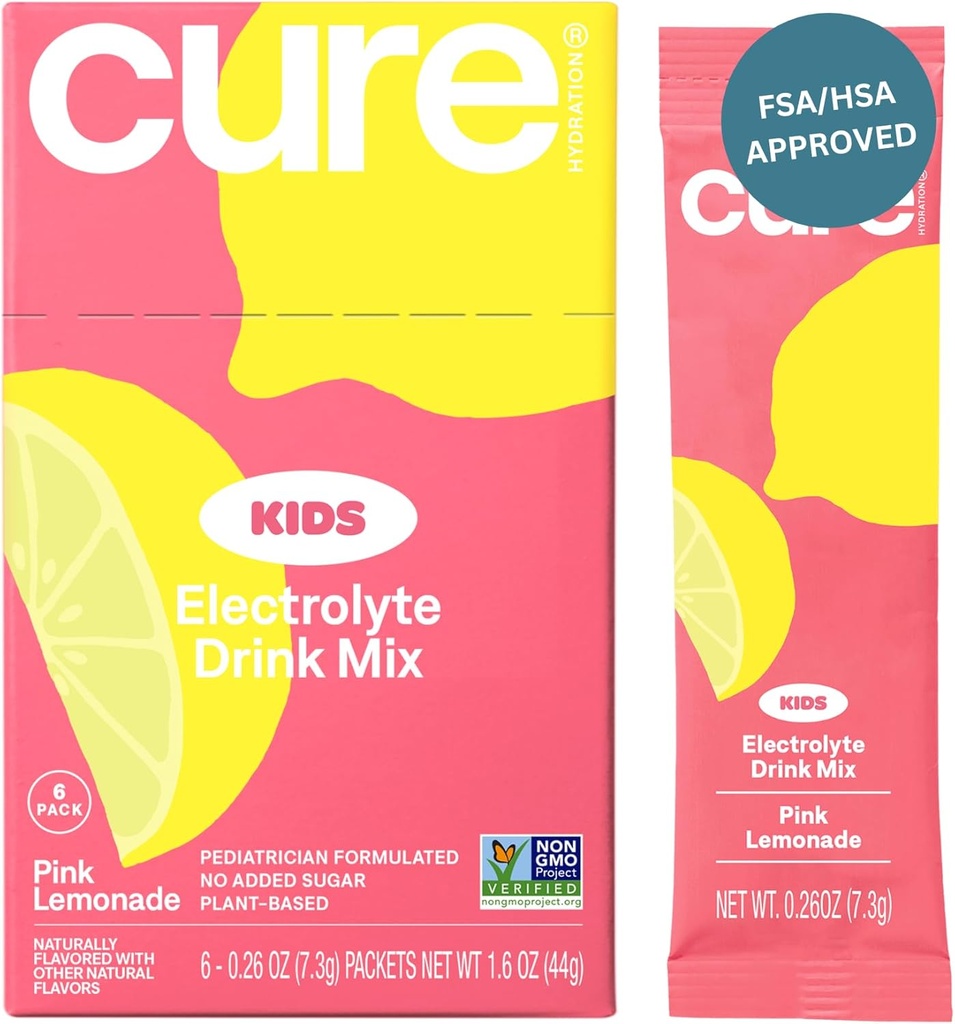 Hydratation Cure Mélange de boissons électrolytiques pour enfants , à base de plantes pédiatres Formule de réhydratation , Pas de sucre ajouté, FSA-HSA, non-OGM, sans gluten, sans arômes artificiels , Boîte de 6 paquets - Cimonade rose