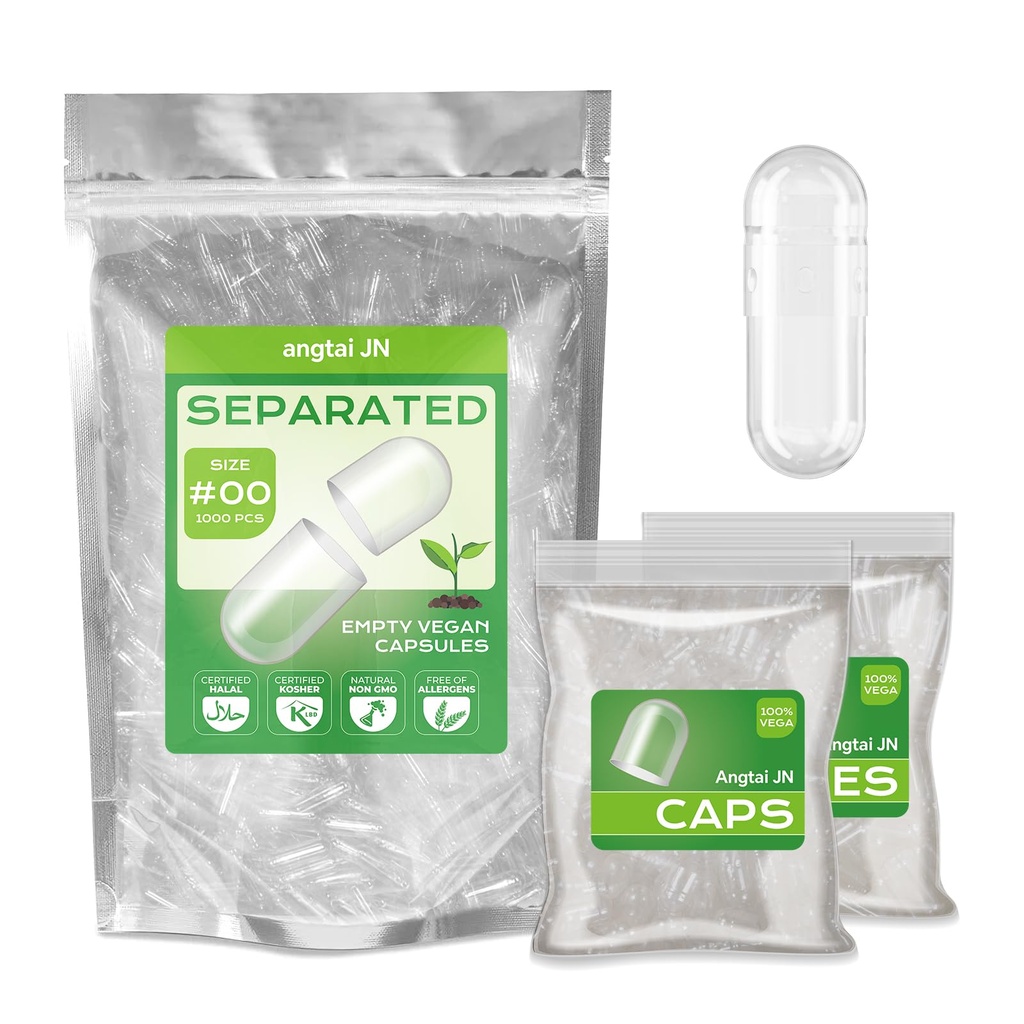 Capsules vides Taille 00 Bouchons de pilules véganes séparés à base de plantes clairs (1 000 Caps+1 000 corps) Sans gluten, sans OGM, kit de remplissage certifié halal pour le bricolage végétarien vos propres suppléments