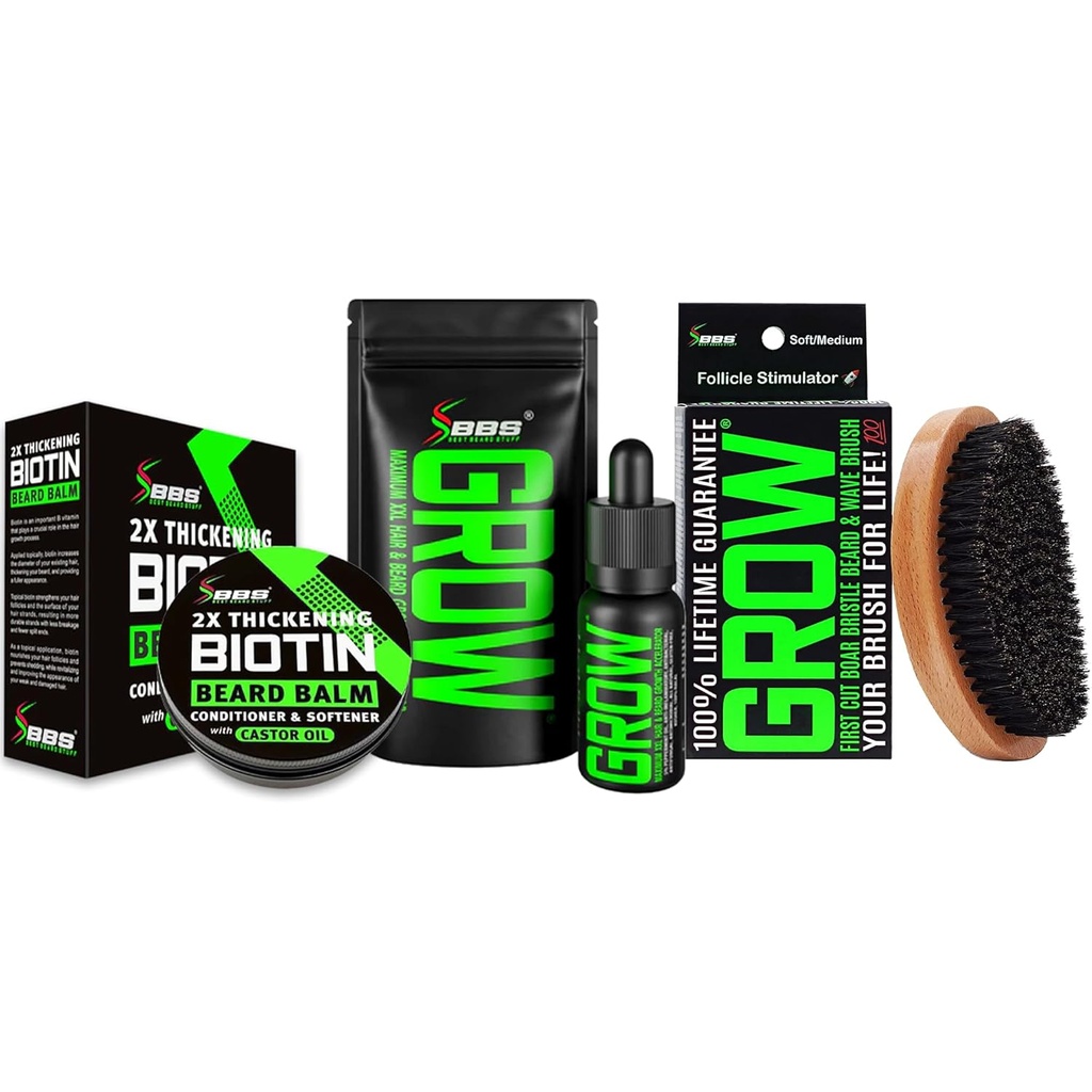 Kit de croissance de la barbe avec huile/sérum de la barbe GROW XXL pour la croissance faciale des cheveux pour les hommes + 100% de remplacement à vie Brush Bristle de sanglier + 2X épaississant Biotine Mustache Wax & Baume pour les hommes - Formulé en Amérique