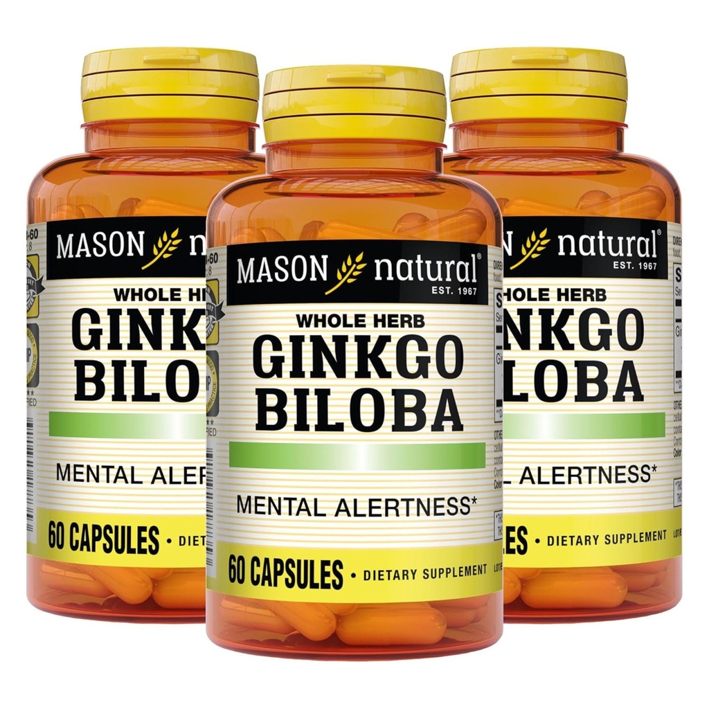 MASON NATURAL Ginkgo Biloba, approvisionnement de 3 mois, aide à améliorer l'alerte mentale et le soutien Fonction cérébrale optimale, 60 Capsules (3 Pack)