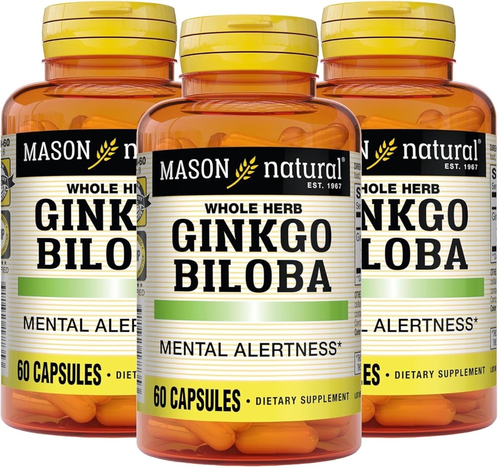 MASON NATURAL Ginkgo Biloba, approvisionnement de 3 mois, aide à améliorer l'alerte mentale et le soutien Fonction cérébrale optimale, 60 Capsules (3 Pack)