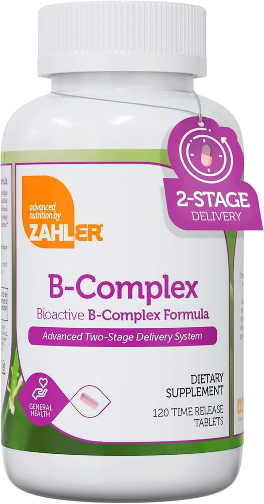Zahler B-Complex Vitamines pour les femmes et les hommes - Complexe Vitamine B - Complexe Vitamines B avec B1 B2 B3 B5 B6 B7 B9 B12 - Système avancé de livraison à 2 étages - Casher sans gluten non-OGM VIT B (120 comprimés)