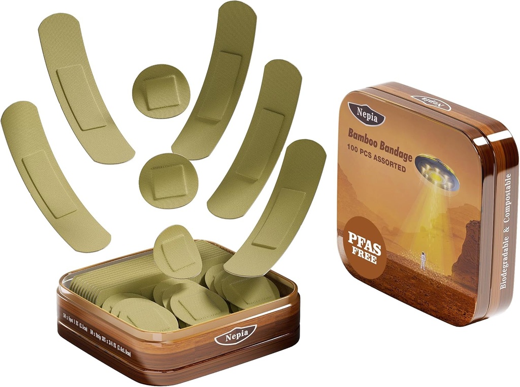 Tissu de bambou hypoallergénique Nepia Formes assorties Bandages , PFAS Free & Latex Free , Bandaids Compostables Eco-Amis pour la peau sensible et les écharpes , Paquet de tissu souple (100 comte)