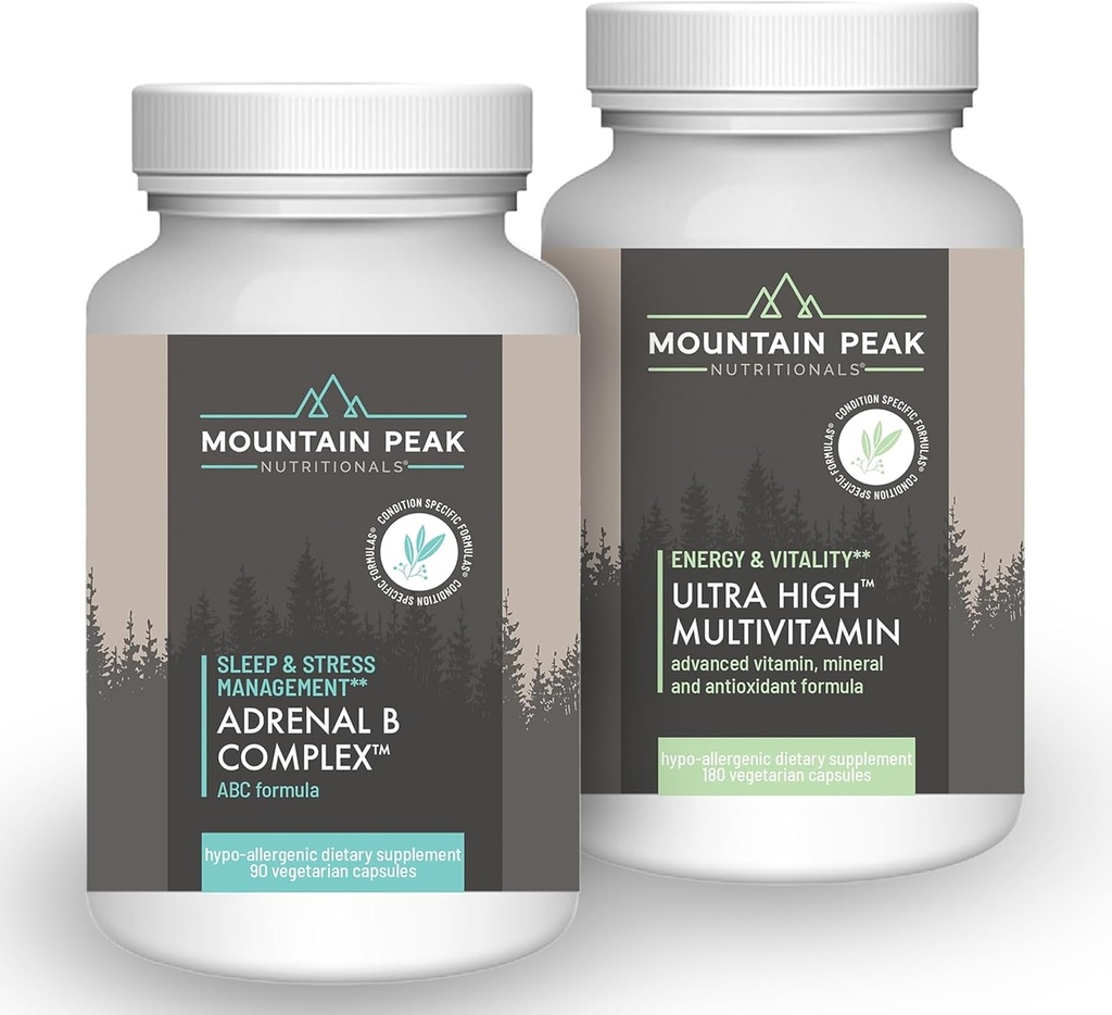 Mountain Peak Nutritionals Complexe Adrénal B et ultra-haute multivitamine Combo Pack - Vitamine, multi-minéraux, et support adaptogène - B Vitamines, probiotiques et nutriments essentiels - 90 et 180 Végétariens Ca
