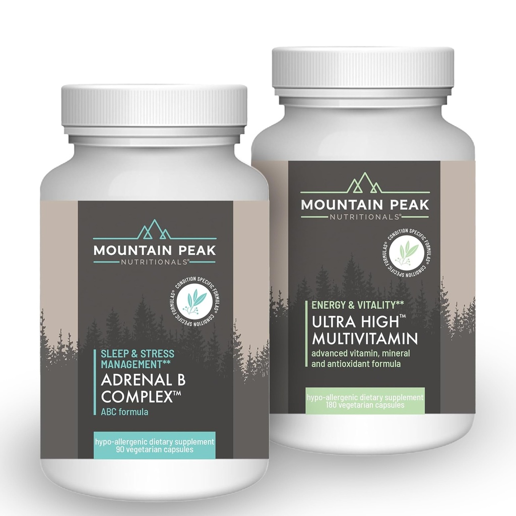 Mountain Peak Nutritionals Complexe Adrénal B et ultra-haute multivitamine Combo Pack - Vitamine, multi-minéraux, et support adaptogène - B Vitamines, probiotiques et nutriments essentiels - 90 et 180 Végétariens Ca