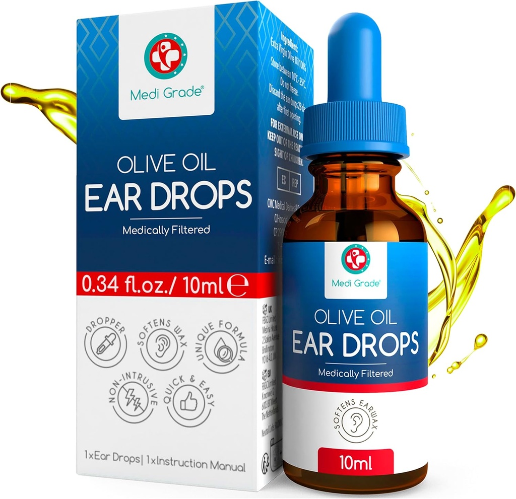 Gouttes d'huile d'olive de qualité moyenne pour l'enlèvement des cires et les oreilles bloquées, 10ml - 100 % naturel gouttes d'enlèvement de cire d'oreille avec pipette goutter assouplit et élimine durcit le build de cire d'oreille - gouttes avancées de cire d'oreille
