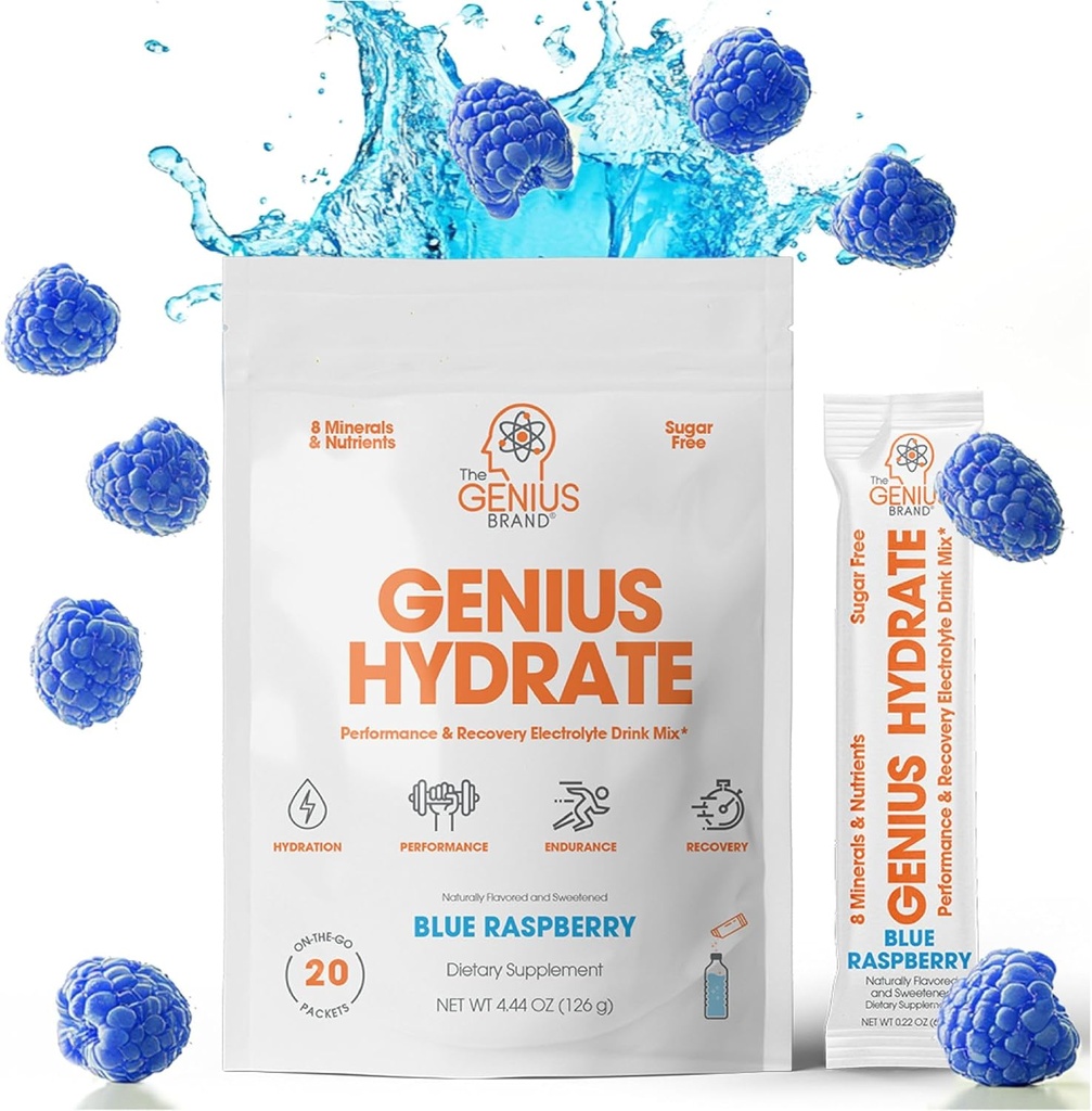 La marque Genius - Genius Hydrate Stick Pack Powder Drink Mix – Blue Raspberry Flavor, Booster d'électrolyte naturel avec de l'eau de coco et du potassium pour l'hydratation ultime - 20 paquets