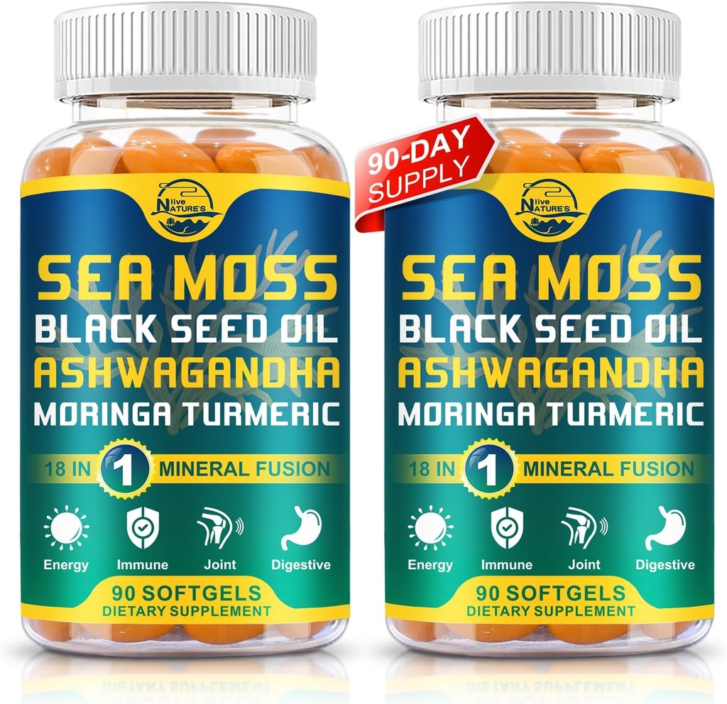 Nature's live Organic Sea Moss Softgels with Black Seed Oil, Ashwagandha, Bladderwrack, Ginger, Burdock Root, Manuka Honey, Cinnamon for Immune System, Skin, Energy, 90 Softgels, 2 Pack