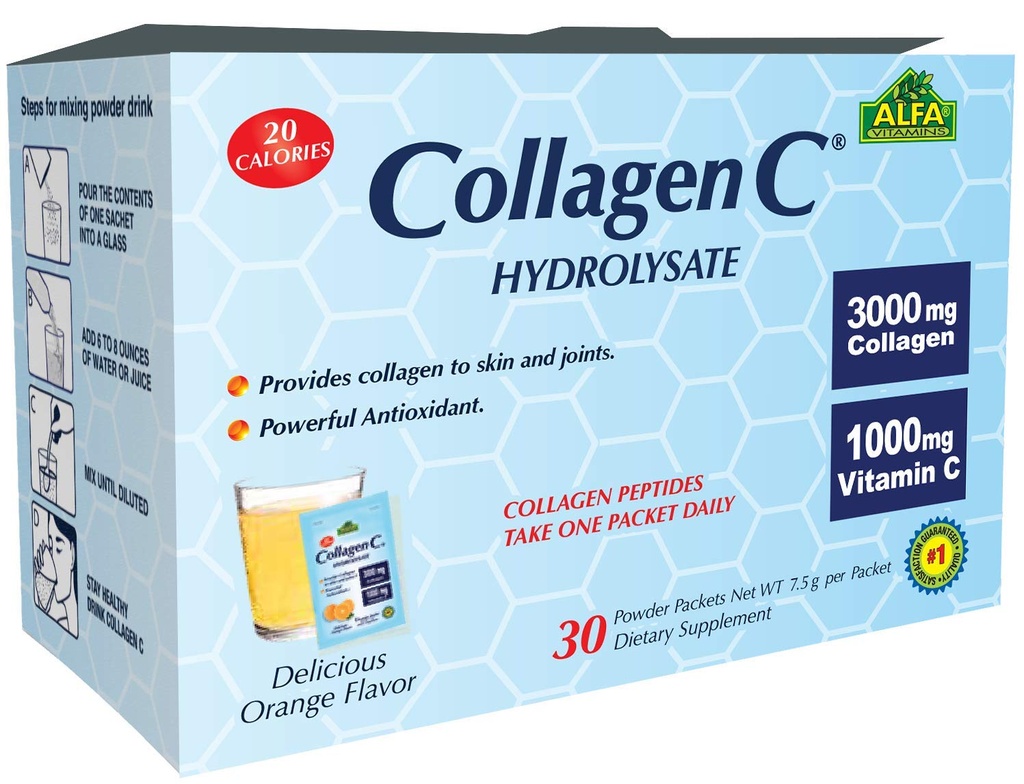 CollagenC® Collagen Peptides Hydrolysate Powder Supplement - Premium Quality Source of Antioxydants - pour le support immunitaire, la peau, les cheveux, les ongles et les articulations support 30 sachets