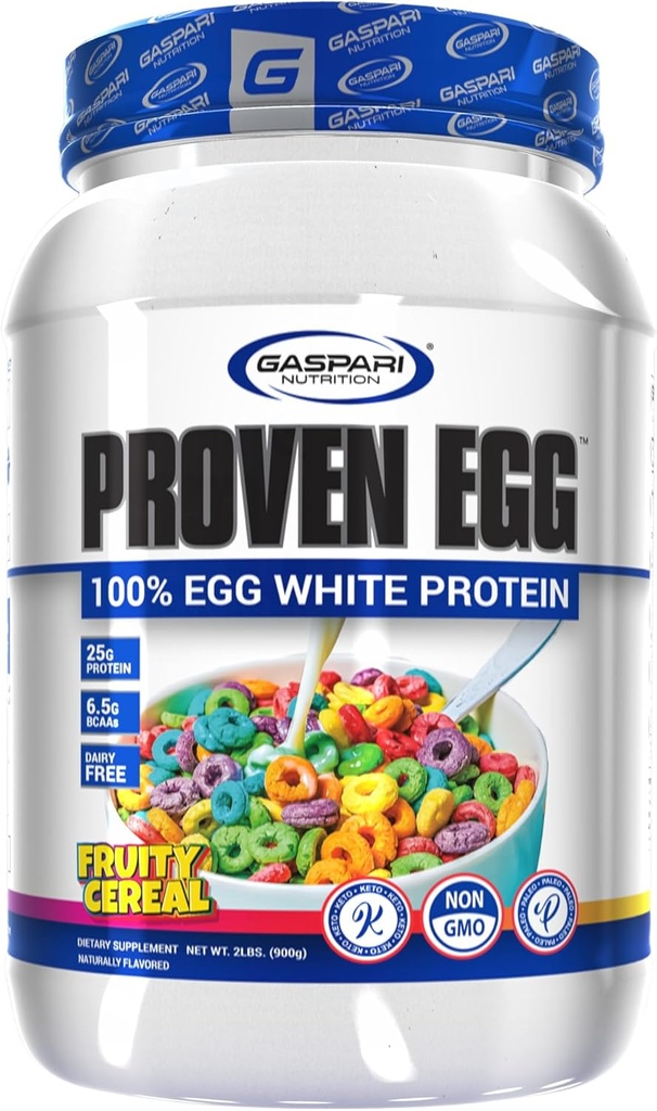 Gaspari Nutrition Oeufs éprouvés, céréales fruitées, 100% protéines blanches d'oeufs, 25g de protéines, sans kéto, sans lait et sans lactose, sans soja (2 lbs, céréales fruitées)