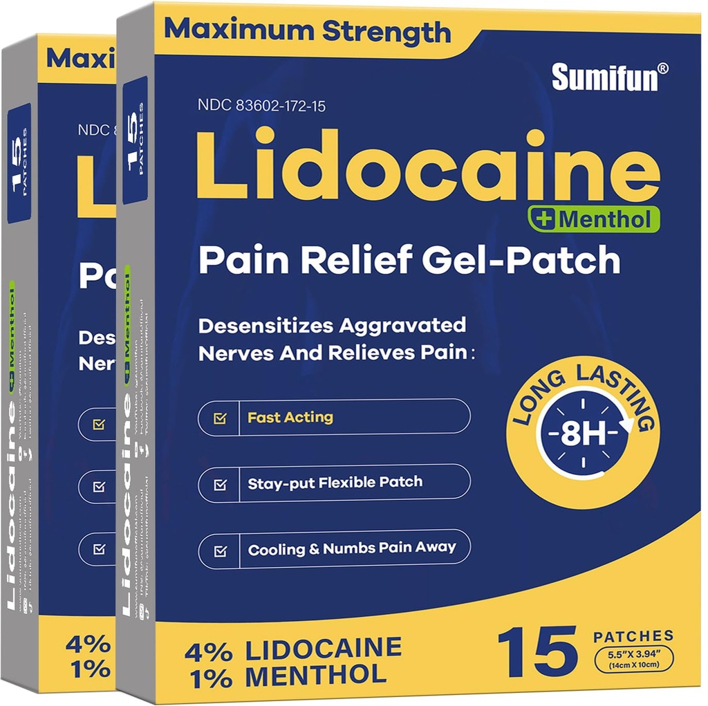 Sumifun 4% Patches Lidocaine Plus 1% Menthol - 30 Compte de la force maximale OTC Pattes de soulagement de la douleur pour le dos Ache Col raide Douleurs articulaires Muscle Douleurs Sujet Analgésique