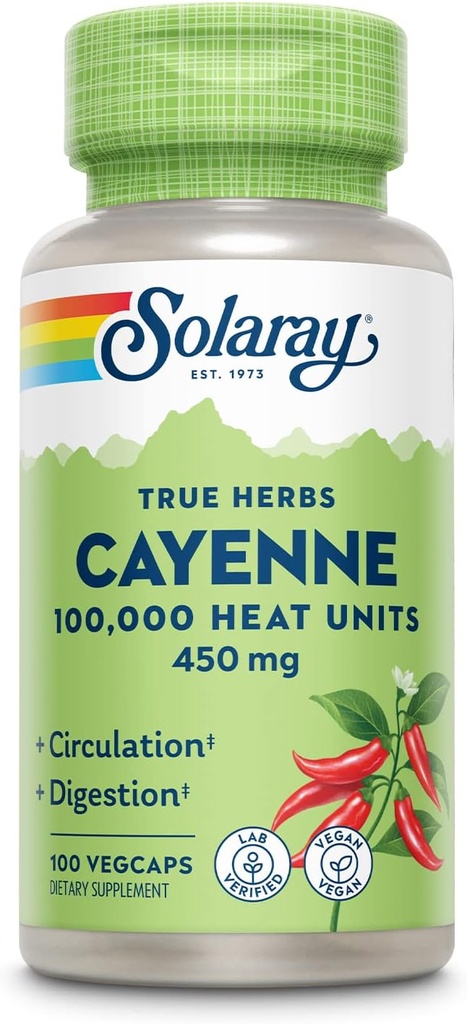 SOLARAY Cayenne Pepper 450 mg, 100 000 Unité de chaleur, Digestion saine, Circulation, Métabolisme et soutien cardiovasculaire, 100 VegCaps