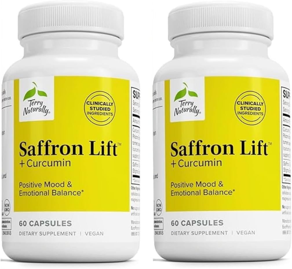 Terry Naturally Saffron Lift + Curcumin - Supplément à base de plantes avec Curcumin - Capsules non-OGM Saffron & Cerveau Curcumin - Supplément de soutien à la concentration et à la relaxation - 60 Capsules (paquet de 2)