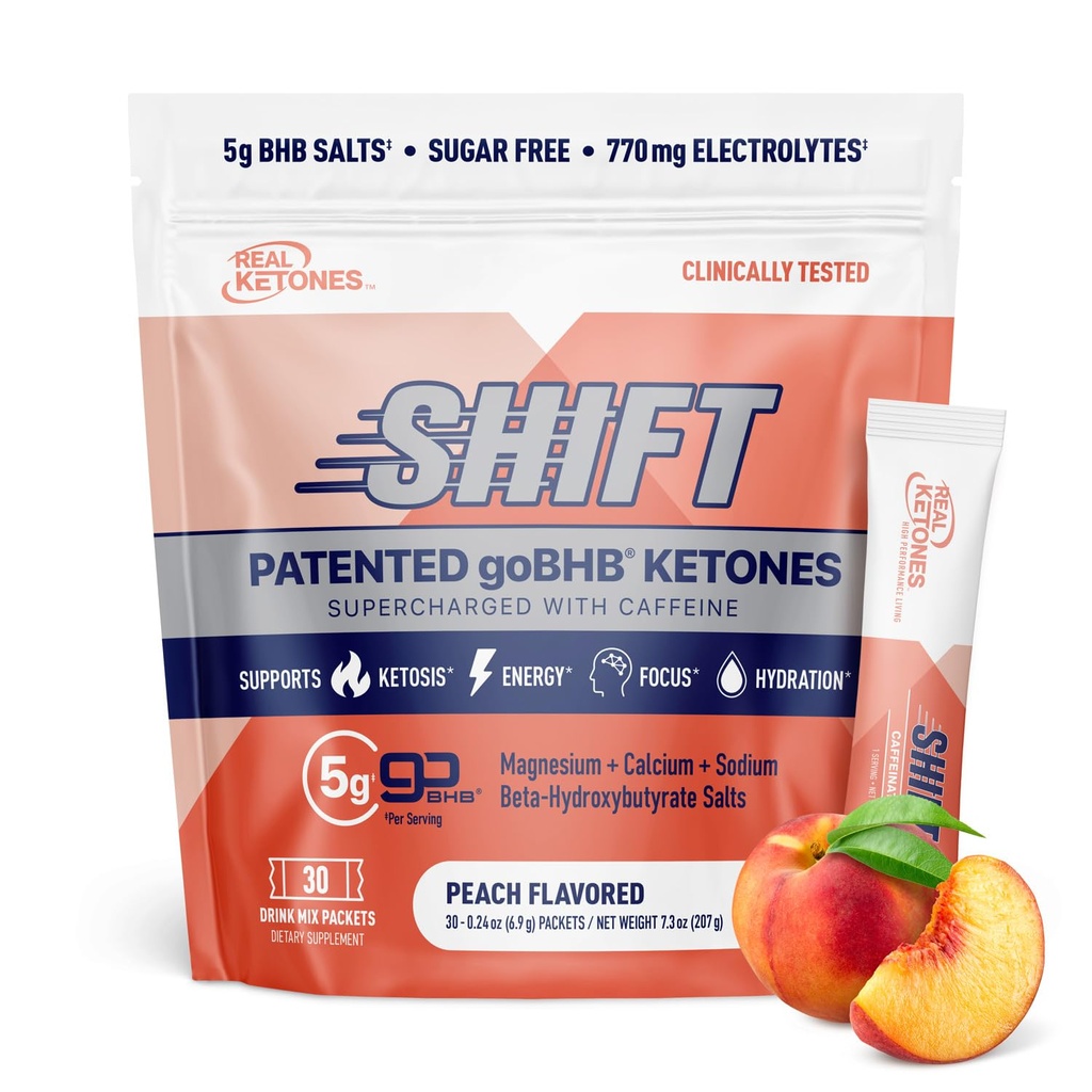 Real Cétones BHB Cétones exogènes Boire des paquets de mélange Céto Electrolytes Powder Packets Pas de sucre avec 4 électrolytes à jeun principal Plus hydratant breveté Keto BHB - 30 Compte pêche caféine