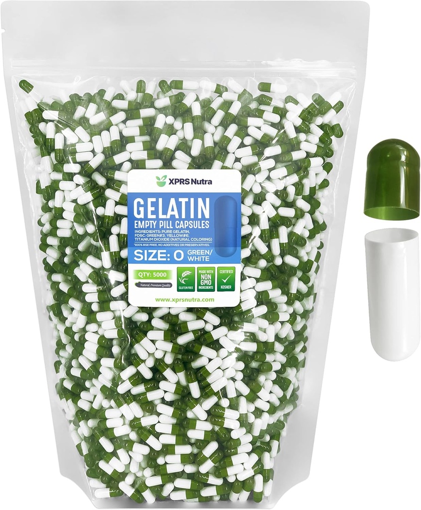 XPRS Nutra Taille 0 Capsules vides - 5000 Capsules de gélatine vides - Remplissage de la gélule de bricolage - Capsules de gel de pilule de boeuf pur pour compléments Do-It-Youlf (Vert/Blanc)