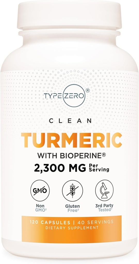 Type Zero Turmeric avec Bioperine (120 Capsules) (2300mg par portion) - Sans OGM, sans gluten, 3ème partie testée