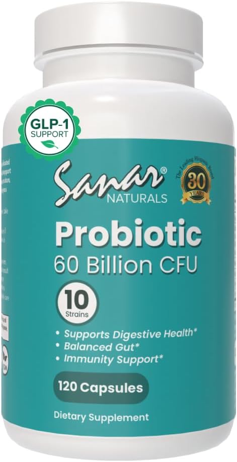 Sanar Naturals Probiotiques 60 milliards CFU – 10 souches + prébiotiques - soutient la santé immunitaire, digestive et gustative - probiotiques pour les femmes et les hommes - végétalien, non-OGM, sans gluten, 120 capsules