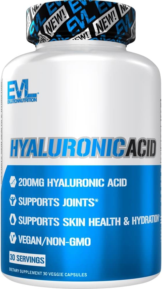 Evlution Vegan Dietary Hyaluronique Acid Supplément Nutrition 200mg Hyaluronique Acid Capsules Supplément à la peau sèche pour les femmes et les hommes pour la peau dérangée ou endommagée - Haute puissance Biodisponible Formule non OGM