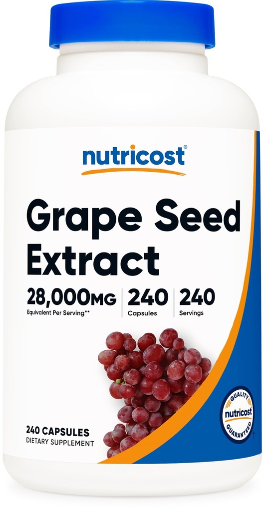 Extrait de graines de raisin Nutricost 28.000mg, 240 Capsule - Non-OGM, Sans gluten, Végétarien