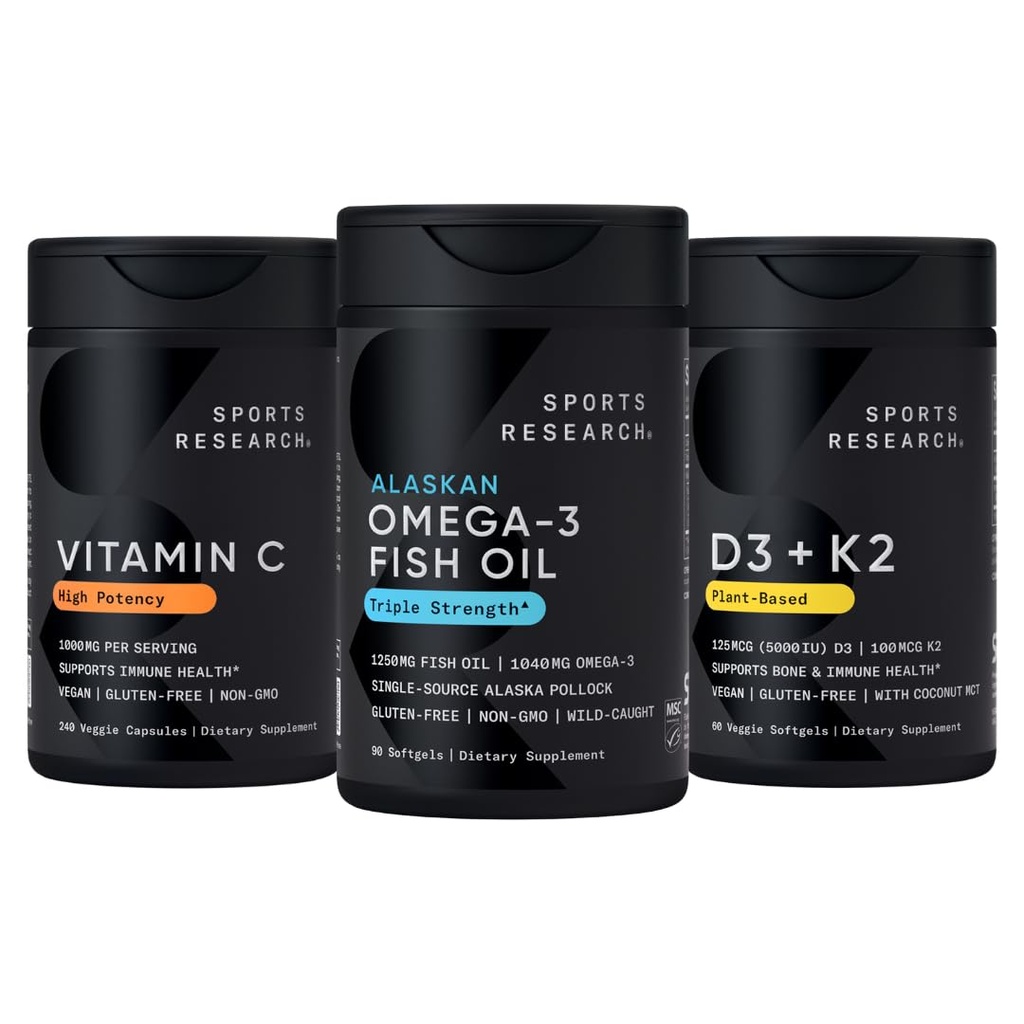 Recherche sportive 1250 mg Omega 3 Huile de poisson sans Burpless - Wild Alaskan Pollock - (90 comte), Vitamine végétalienne de haute puissance C 1000mg (240 comte) + Vitamine D de 5000iu végan avec 100mcg Mk7 Vitamine K (60 comte)