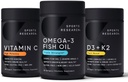Sports Research 1250 mg Omega 3 Burpless Fish Oil - Wild Alaskan Pollock - (90 Count), High Potency Vegan Vitamin C 1000mg (240 Count) + Vegan 5000iu Vitamin D with 100mcg Mk7 Vitamin K (60 Count)