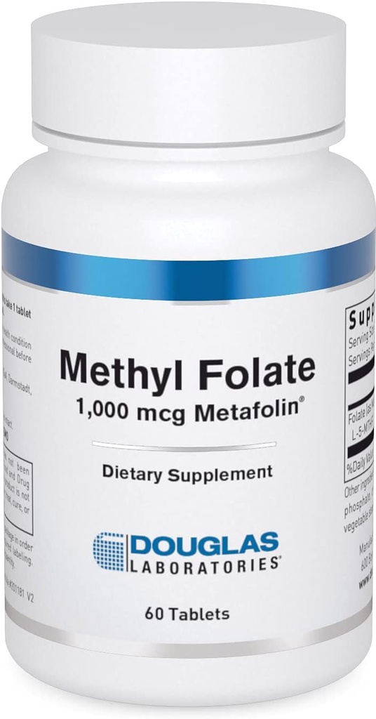Laboratoires Douglas Folate de méthyle L-5-MTHF - 1 000 mcg de métafoline - Folate de vitamine B - soutient le métabolisme et le développement foetal de l'homocystéine* - Non-OGM - 60 comprimés