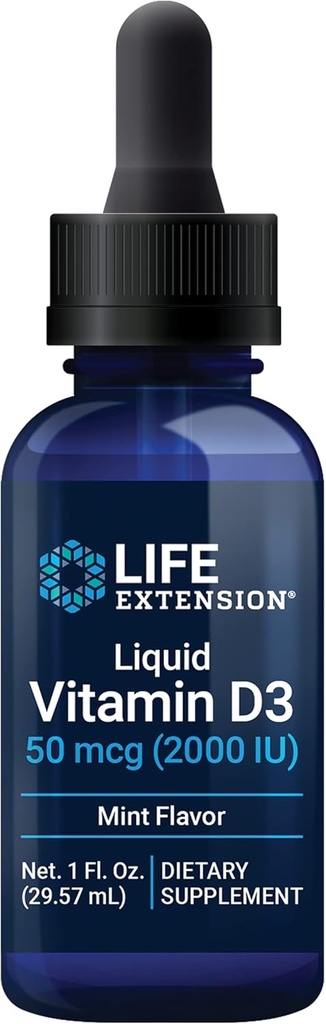 Life Extension Liquid Vitamin D3 (Mint), 50 mcg (2000 IU), Immune System Support, Bone Health, Whole-Body Health, Tasty Peppermint Flavor, Gluten Free, Non-GMO, 29.57 ml