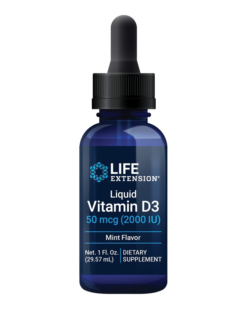 Life Extension Liquid Vitamin D3 (Mint), 50 mcg (2000 IU), Immune System Support, Bone Health, Whole-Body Health, Tasty Peppermint Flavor, Gluten Free, Non-GMO, 29.57 ml