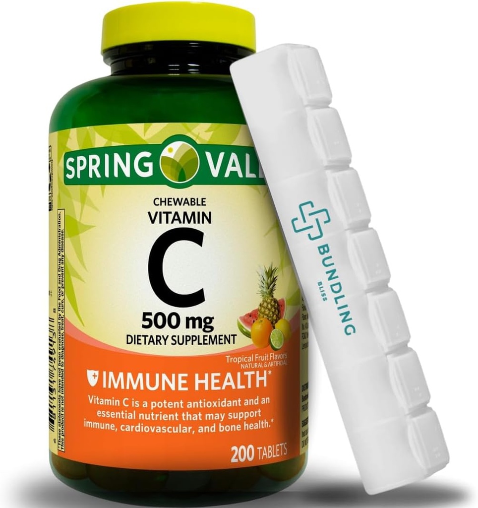 Vitamine C 500mg, Comprimés à croquer, Supplément diététique, 200 Nombre (Comprend l'organisateur de pilules Bonus) - 1 paquet