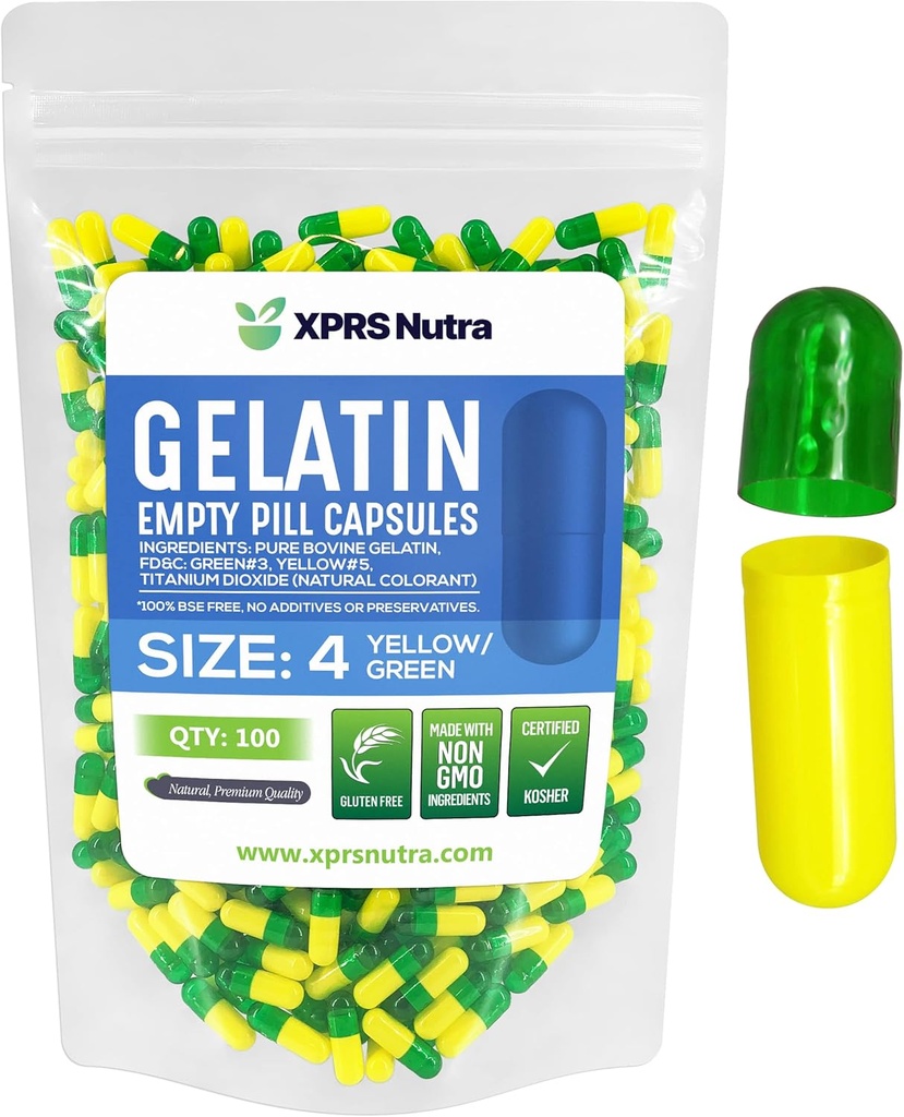 XPRS Nutra Size 4 Capsules vides - 100 Compte de petites capsules de gélatine vide - Bouchons de pilules - Garniture de gélules - Boulets de gel de pilule bovine (vert/jaune)