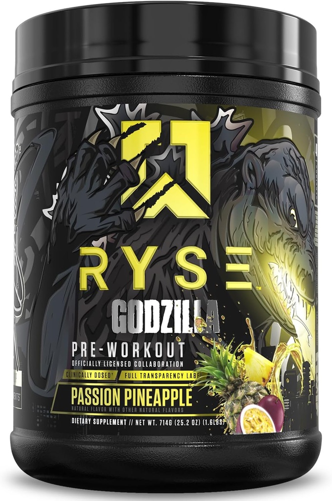 RYSE Godzilla X Noel Deyzel Pre Workout Poudre - Passion Ananas - 400mg Caféine, Pré-entraînement Stim pour les hommes et les femmes avec Citrulline et Beta Alanine - Énergie, Pompe et Focus - 20/40 Servants