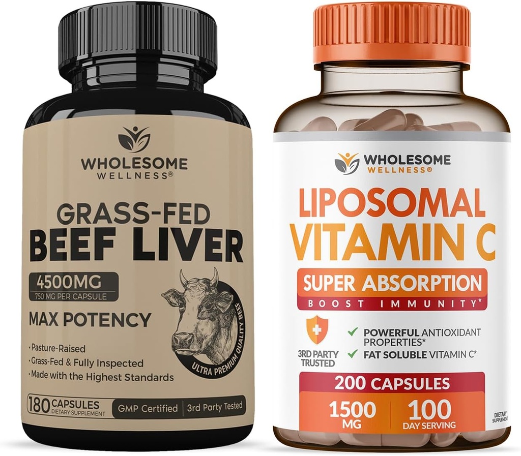 Gélules de foie de boeuf déshydratées (180 pilules, 750mg chacune) + Capsules de vitamine C liposomique (200 pilules 1500mg buvées)