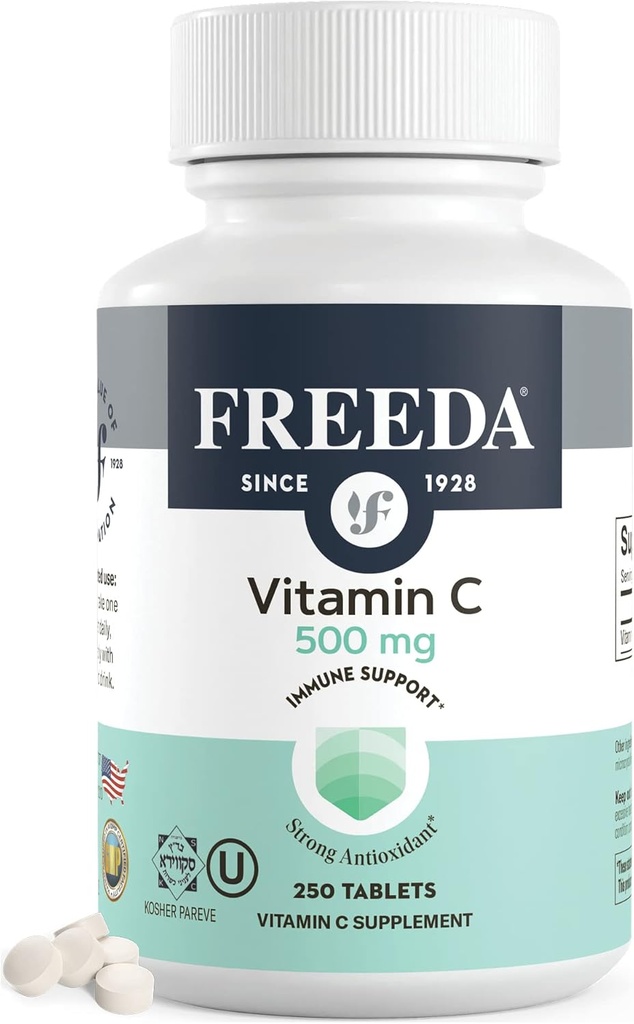 FREADA Vitamine végétalienne C 500mg – Soutien immunitaire casher et antioxydant – Aide à maintenir une peau et des cheveux sains, soutient l'absorption de fer – Pas de gluten, pas de lactose, pas d'arôme artificiel ou de couleur – 250 comprimés