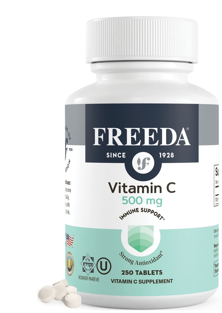 FREADA Vitamine végétalienne C 500mg – Soutien immunitaire casher et antioxydant – Aide à maintenir une peau et des cheveux sains, soutient l'absorption de fer – Pas de gluten, pas de lactose, pas d'arôme artificiel ou de couleur – 250 comprimés