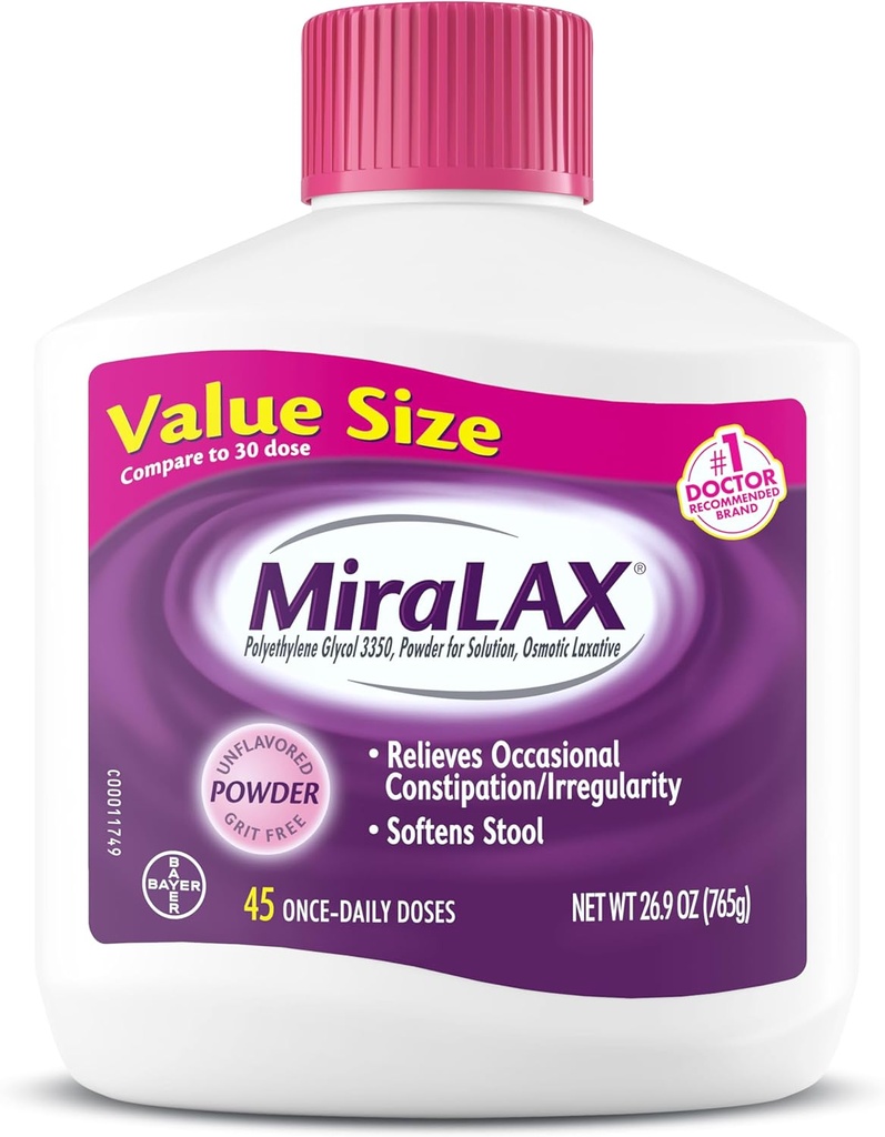 MiraLAX poudre laxative, doux soulagement de la constipation pour les adultes, adoucisseur de tabouret avec PEG 3350, non stimulant laxatif, sans effets secondaires nuisibles, laxatif osmotique, 45 doses