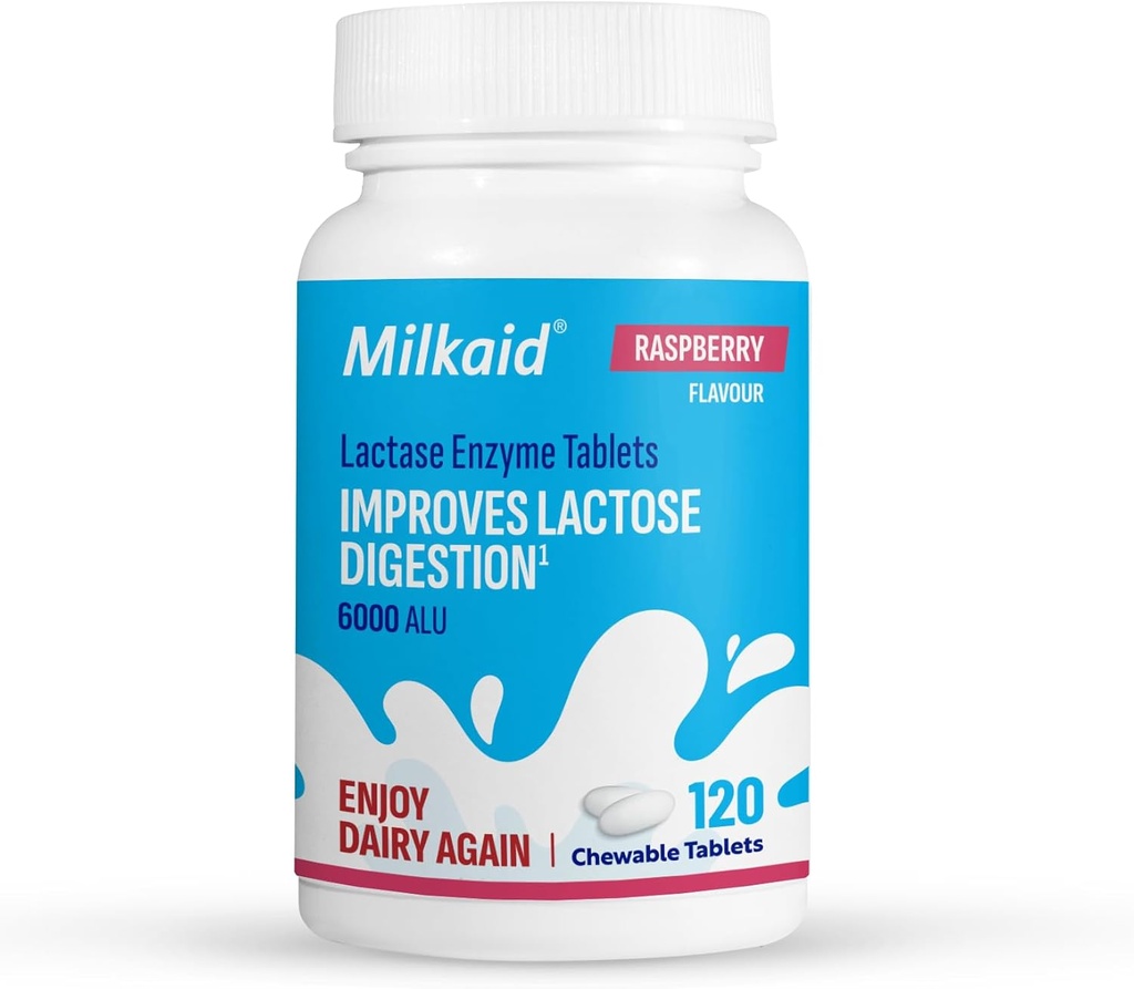 Milkaid Lactase Enzyme Chewable Tablets for Lactose Intolerance Relief | Prevents Gas, Bloating & Diarrhea | Fast Acting Dairy Digestive Supplement (120 Tablets, Raspberry)