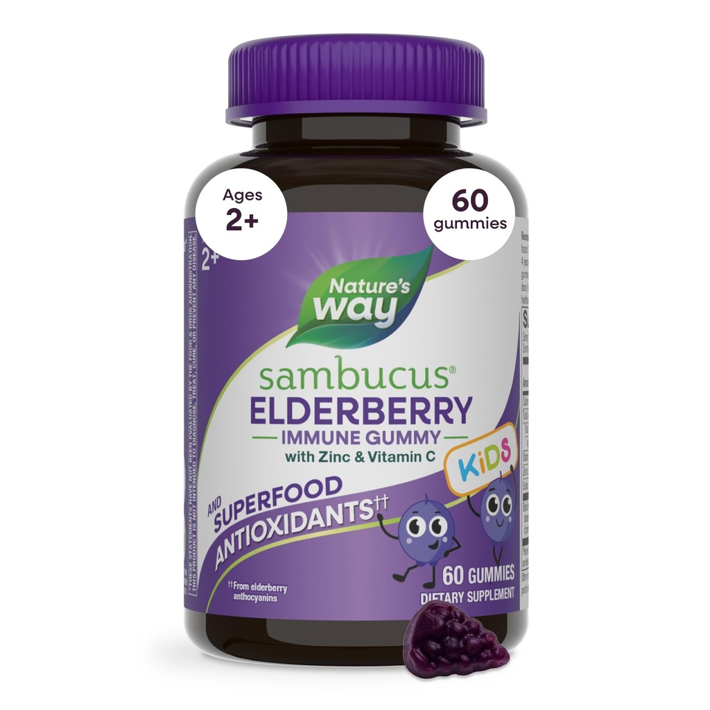 Nature's Way Sambucus Immune Immune Gummies for Kids, Immune Support Gummies*, avec extrait de mûrier noir, vitamine C et zinc, 60 Gummies (paquetage mai Vary)