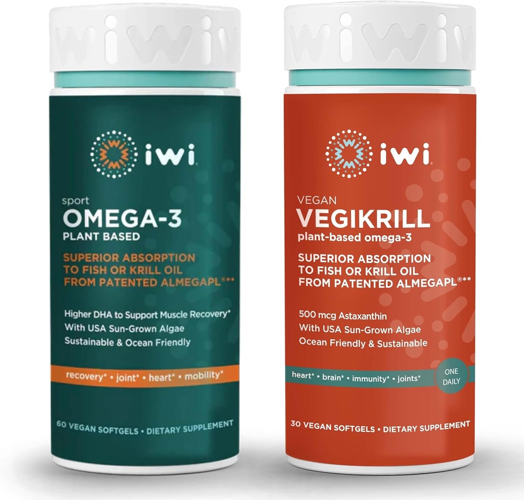 iwi Omega-3 Sport & Vegikrill Omega-3 Bundle, 30 portions, Algae Omega 3 à base végétale végétalienne avec EPA + DHA, Krill & Fish Oil Alternative, Aucun arrière-goût de poisson