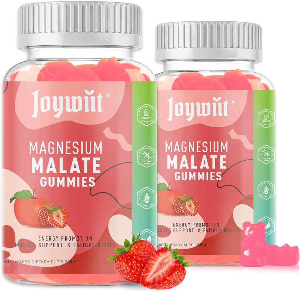 Magnésium Malate Gummies 1000mg de supplément de magnésium Malate avec L-Theanine, CoQ10 et vitamine B6 de haute puissance anti-stress et soutien musculaire de 120 Gummies non OGM, végétalien, sans gluten