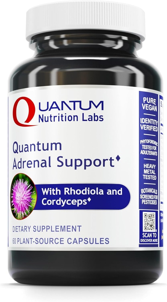 Quantum Nutrition Labs Quantum Adrénal Support- Suppléments de soutien de la santé adrénale, soutien pour la fatigue et promouvoir le calme, les vitamines adrénales Gland, Rhodiola Rosea, Organique - 60 Capsules Vegan