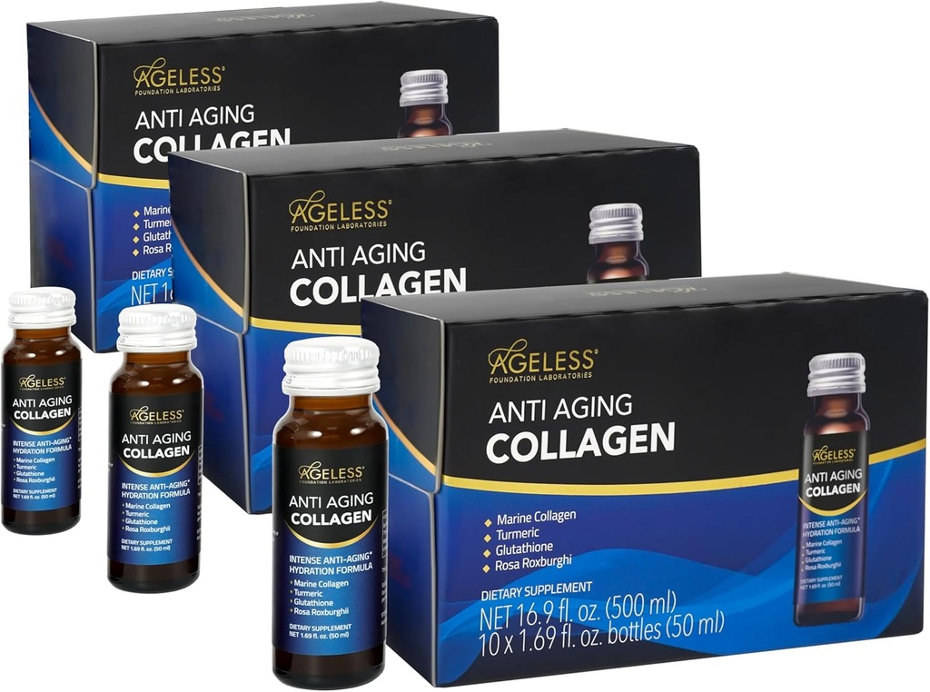 Collagène liquide ultra-antivieillissement sans âge pour les hommes et les femmes, Collagène marin, curcuma, glutathion et Rosa Roxburghii, multivitamines, soin de la peau, hydratant et revitalisant Formule - 50 ml (30 Compte)