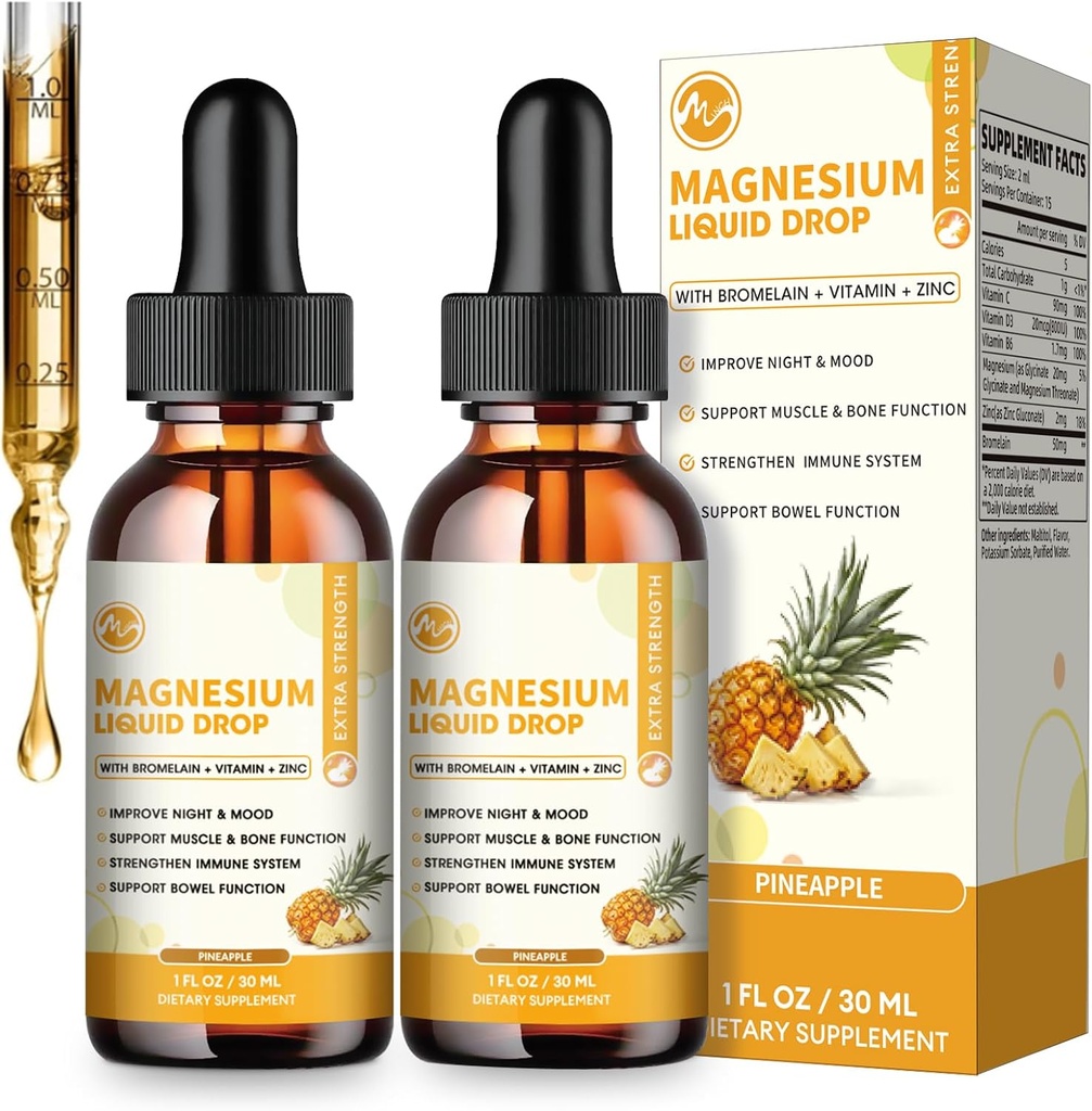 (2 packs) M inch Magnésium Glycinat Liquid Drop, complexe de magnésium liquide à haute absorption avec bromelain, VitamineC, D3, B6 et zinc, supplément thréonate pour la nuit, l'humeur, le muscle et les os
